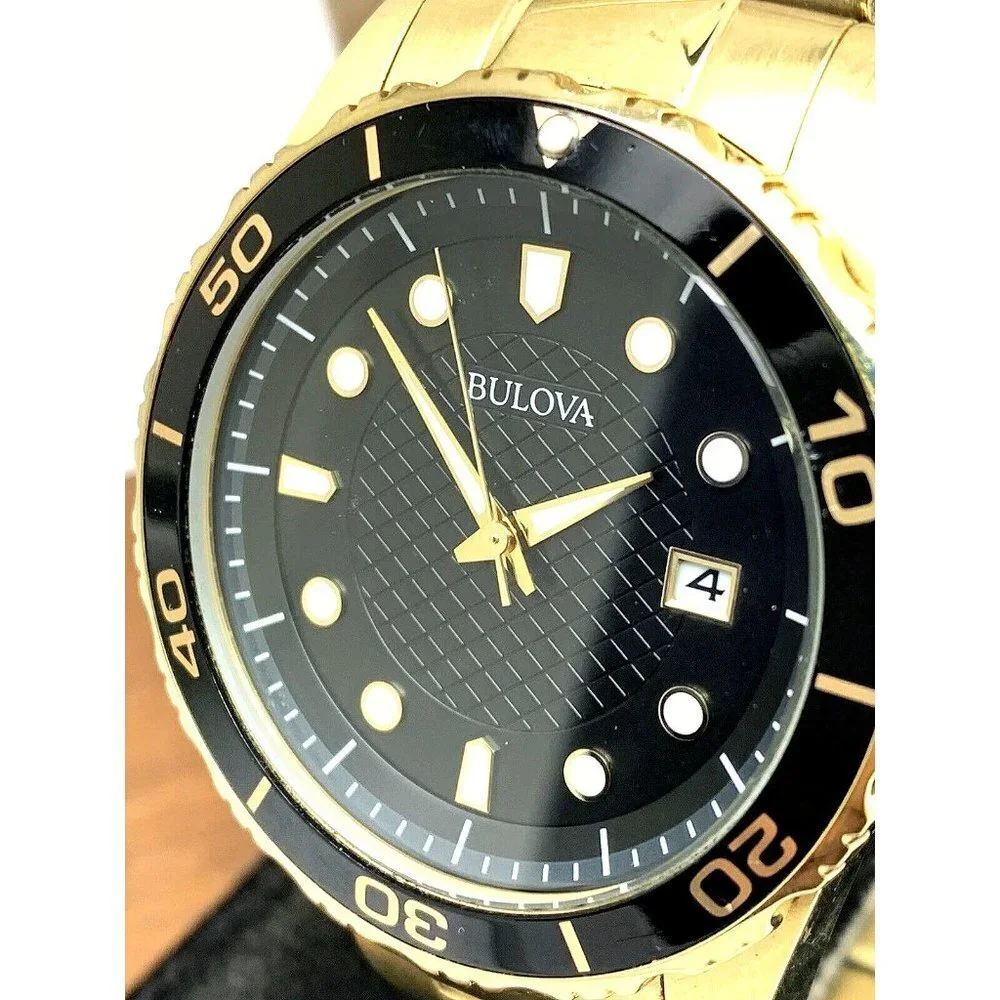 Bulova Men's Watch 98B375 Quartz Black Dial Date Gold Stainless Steel 43…